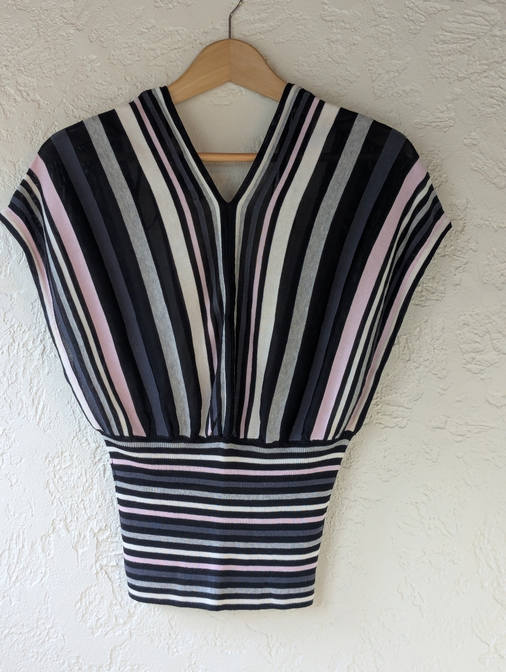 Express Striped V‑Neck Camisole in Black, White, Gray & Pink. Open Back